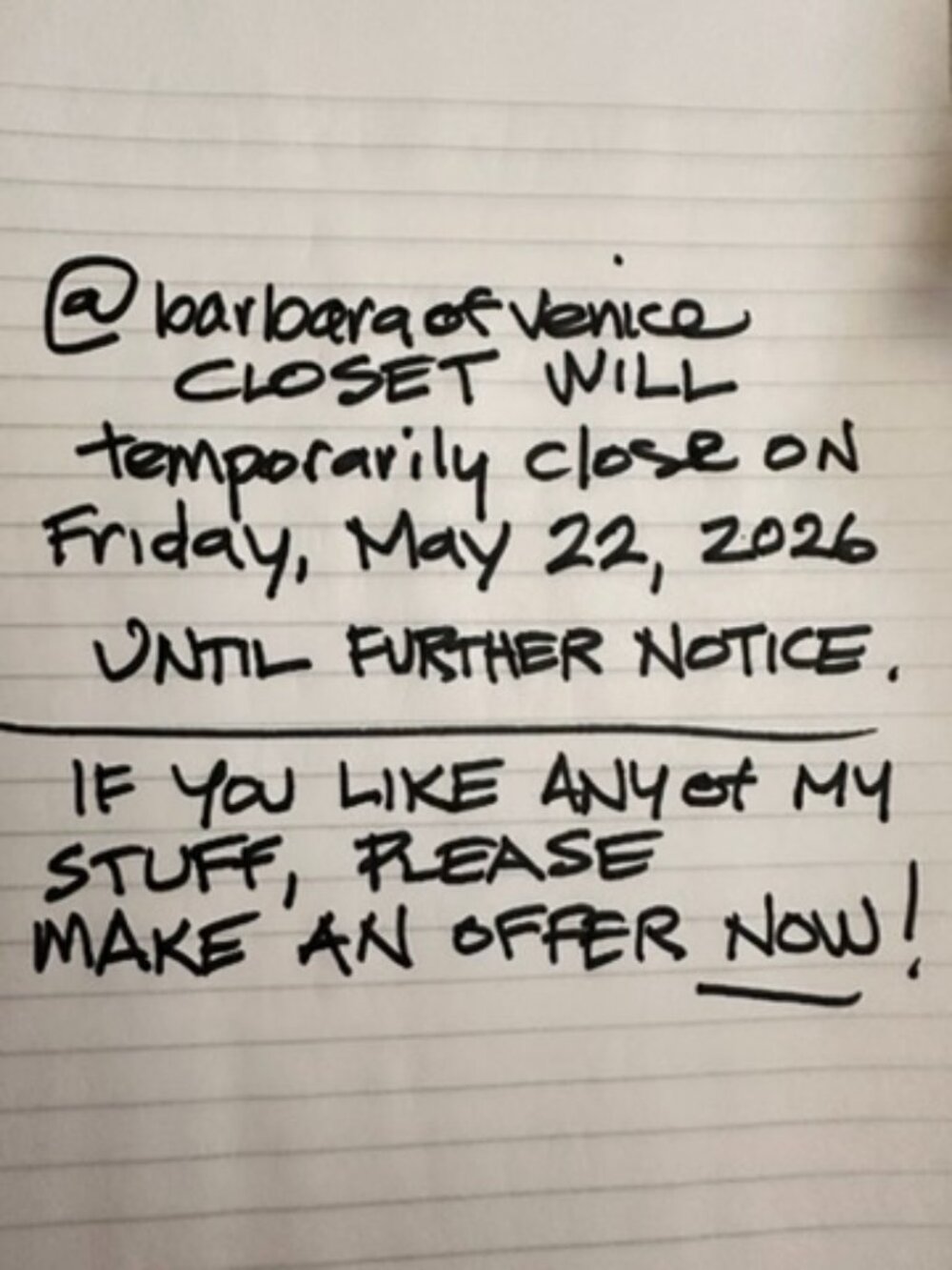 CLOSET WILL TEMPORARILY CLOSE 5/22/26